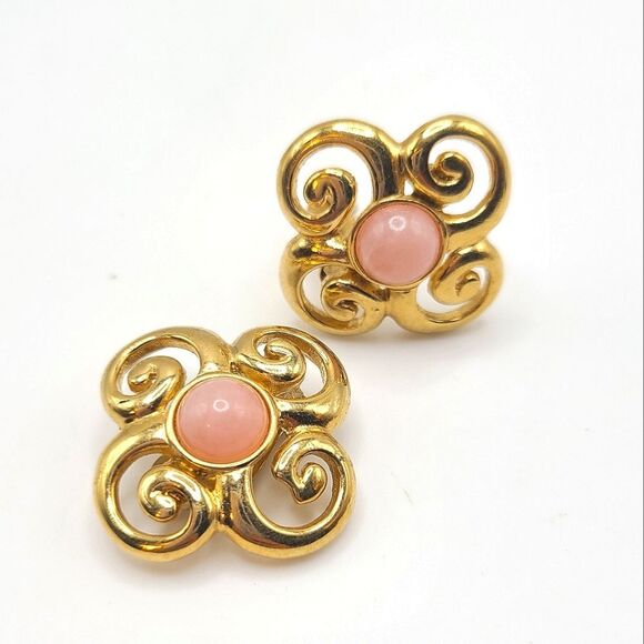 Elegant Gold and Pink Swirl Earrings, Clip On - Picture 1 of 4